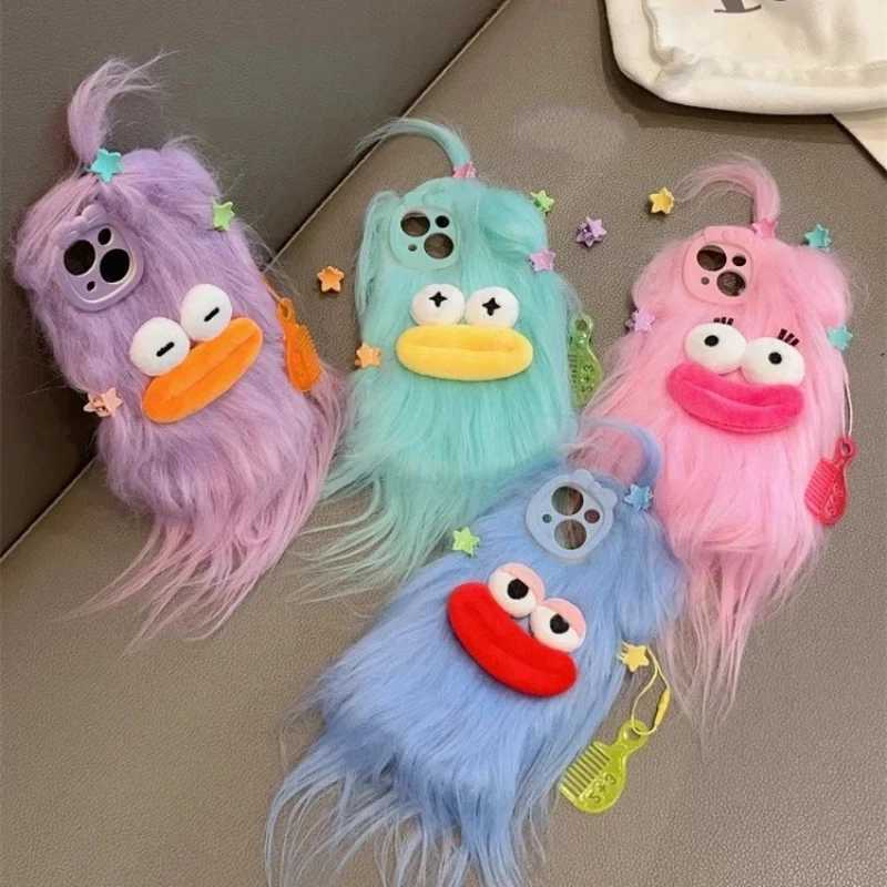 Korean Funny Fluffy Plush Monster Case For iPhone 17 Pro Max Case 16 15 14 13 12 11 Cute Girl Winter Warm Cover Fur Soft Coque J251202