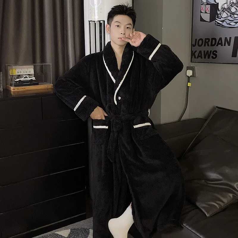 Large Size Winter Thick Flannel Robe Men Long Kimono Bathrobe Gown Coral Fleece Sleepwear Home Clothes Nightwear Lounge Wear C251202