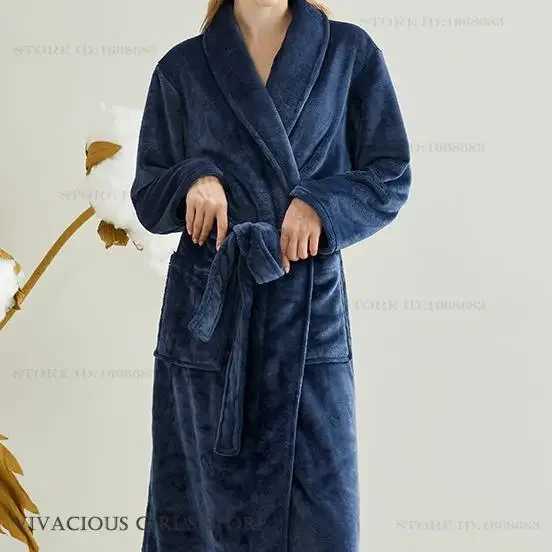 New Flannel Long Robe Home Dress Autumn Winter Thicken Warm Bathrobe Kimono Gown Sleepwear Loose Casual Coral Fleece Loungewear C251202