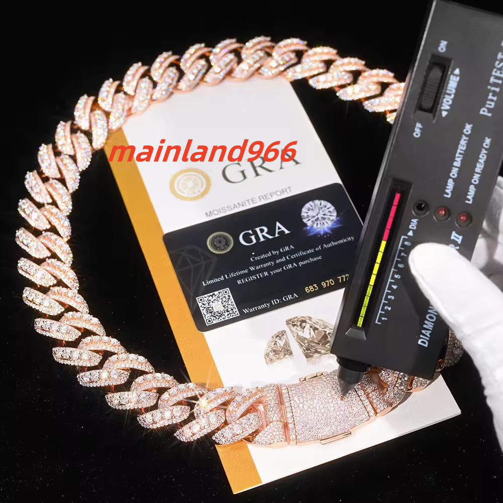 Heavy Solid Hiphop Jewelry 22mm Iced Out Moissanite 925 Sterling Silver Rose Gold Plated Raised Chain Mens Cuban Chain