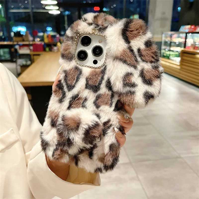 Cute Cartoon Leopard Print Bunny Fur Plush Phone Case For iPhone 17 Air 16 13 12 11 Pro Max XS XR X 7 8 Plus Shockproof Cover J251202