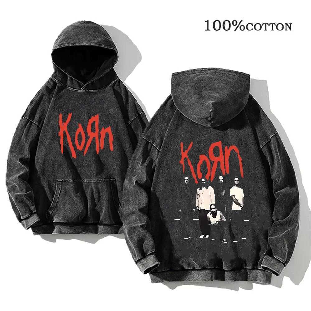 Korn Rock Band World Tour Hoodies Vintage Washed Mens Sweatshirts Cotton Hip Hop Streetwear Hooded Pullover Loose Y2K Tops J251203
