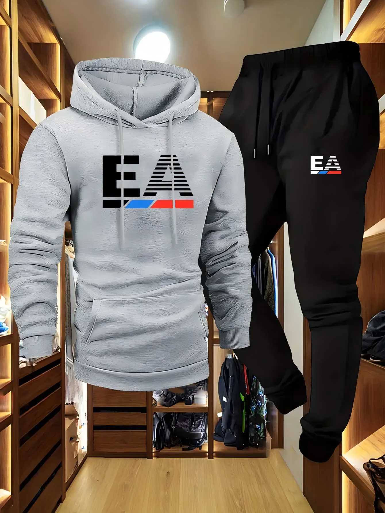 Mens Sporty Two-Piece Set Hoodie And Pants Gray Black Non-Stretch Regular Fit with Pockets for Fall/Winter W251202