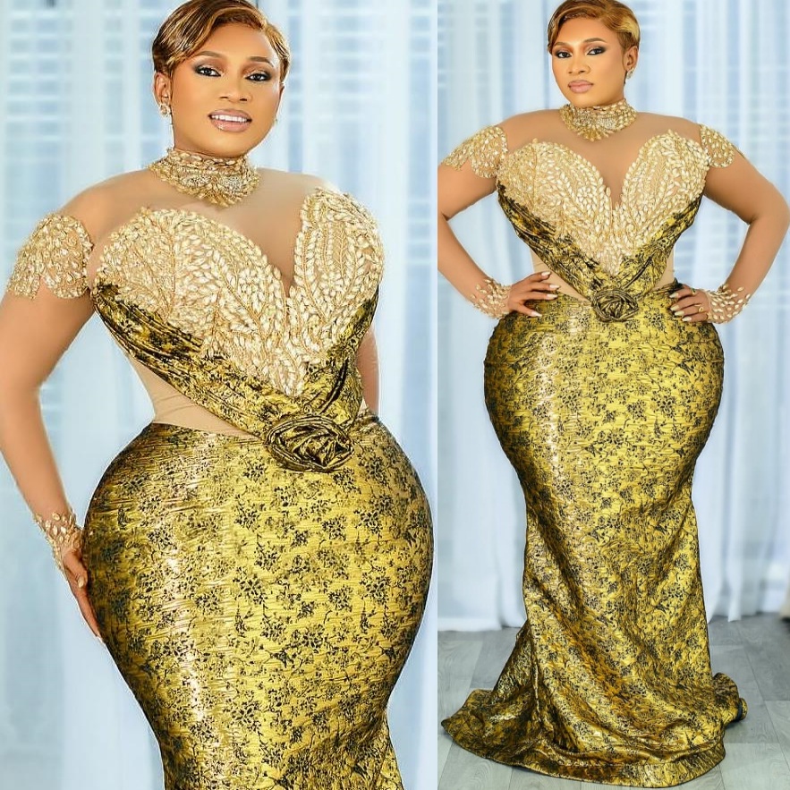 Aso Ebi Gold Mermaid Prom Dresses 2026 Printed Crystals Illusion Evening Formal Party Second Birthday Engagement Gowns Plus Size Dress For Special Occ