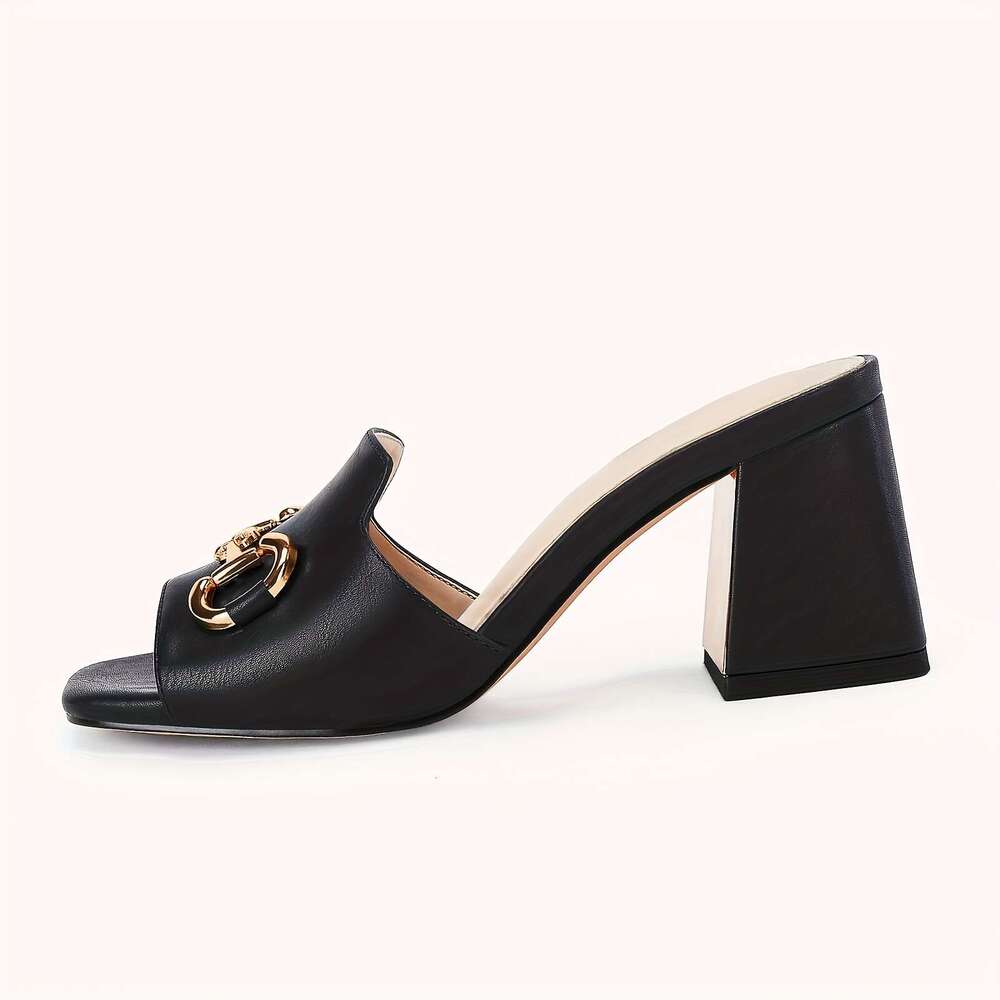 Women's Sandals Peep Toe Slides Chunky Heel Mules Single Band Comfort Slip-On Shoes With Metal Chain For Spring Summer