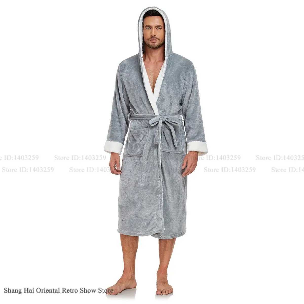 Winter Thicken Hooded Mens Long Robe Sleepwear Warm Flannel Nightwear Kimono Gown Bathrobe Casual Coral Fleece Homewear Pajama C251202