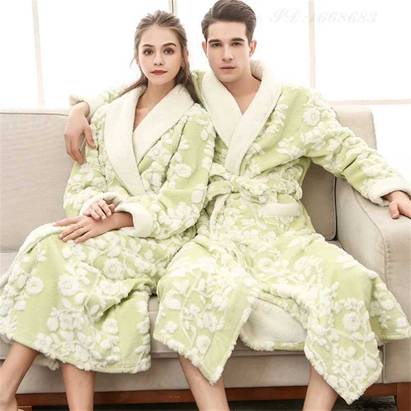 Winter Warm Coral Fleece Long Robe Couple Sleepwear Thick Flannel Jacquard Bathrobe Nightwear Loose Casual Homewear Lounge Wear C251202