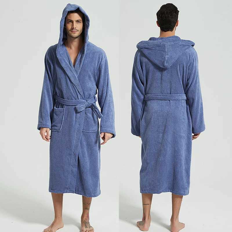 Men Bathrobe Hooded 100 Cotton Thick Warm Towel Fleece Cotton Dressing Gowns Long Bath Robe Hotel Spa Soft Bridesmaid Robe C251202