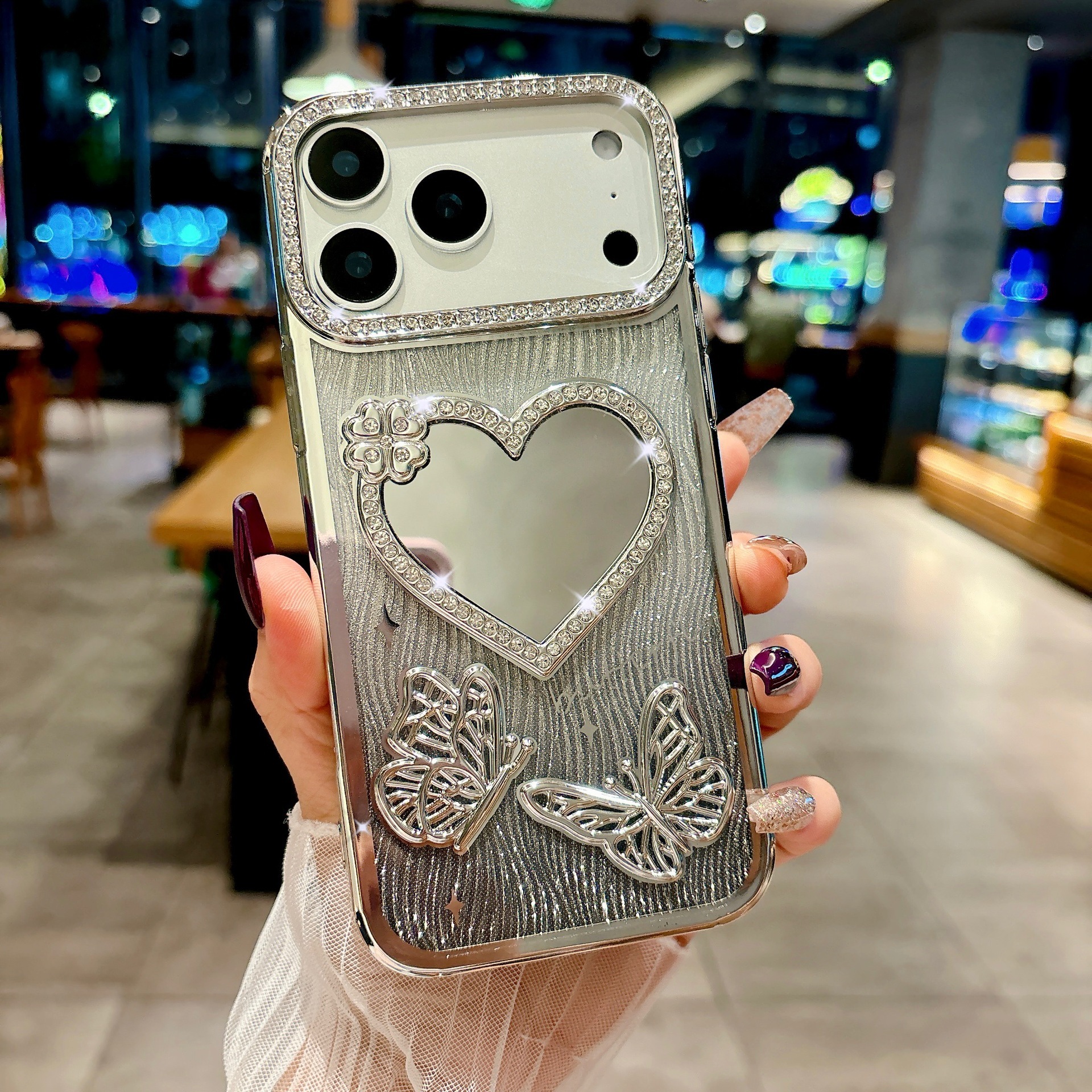 Electroplated Heart Mirror Butterfly Phone Case iPhone 17 Pro Max Compatible with Apple 16/15 Gradient Water Ripple Paper Case