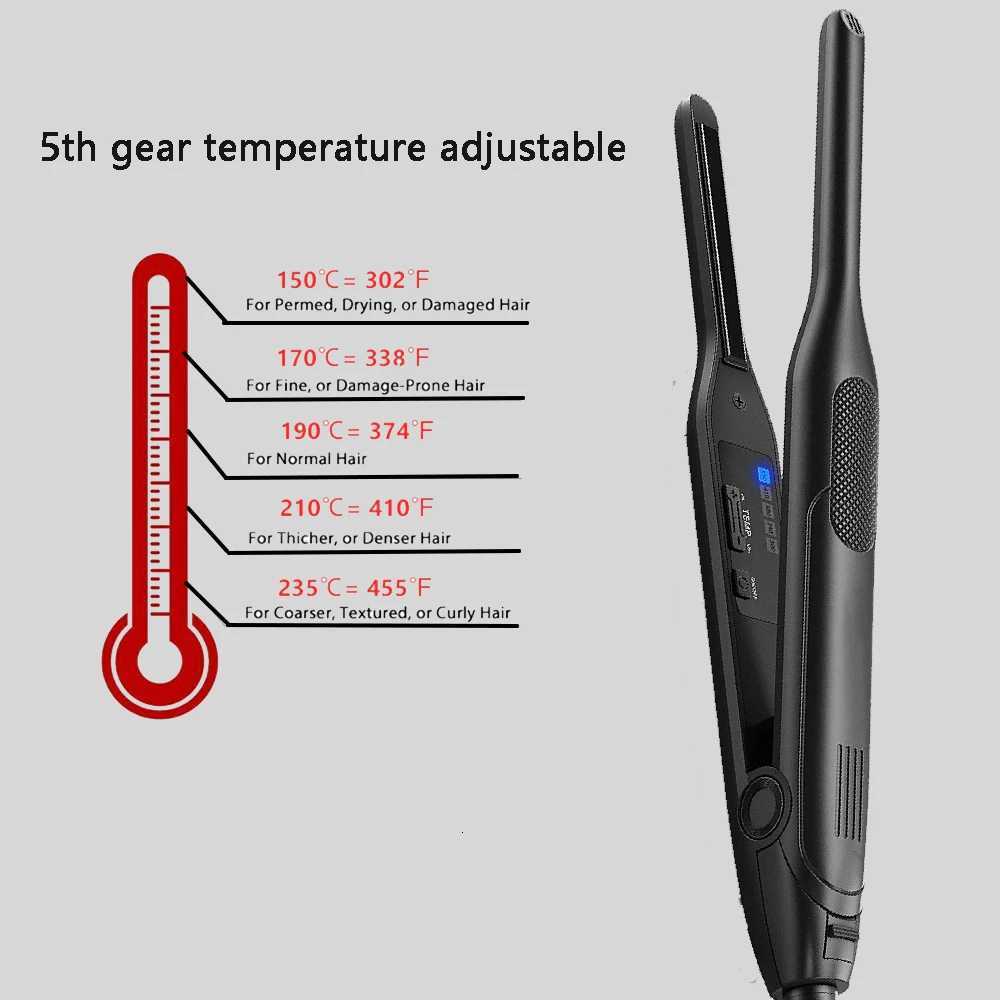 Mini Hair Curler 2 in 1 Pencil Hair Straightener Titanium Plate Thinnest Narrow Flat Iron with LED Display for Short Beard Hair C251202
