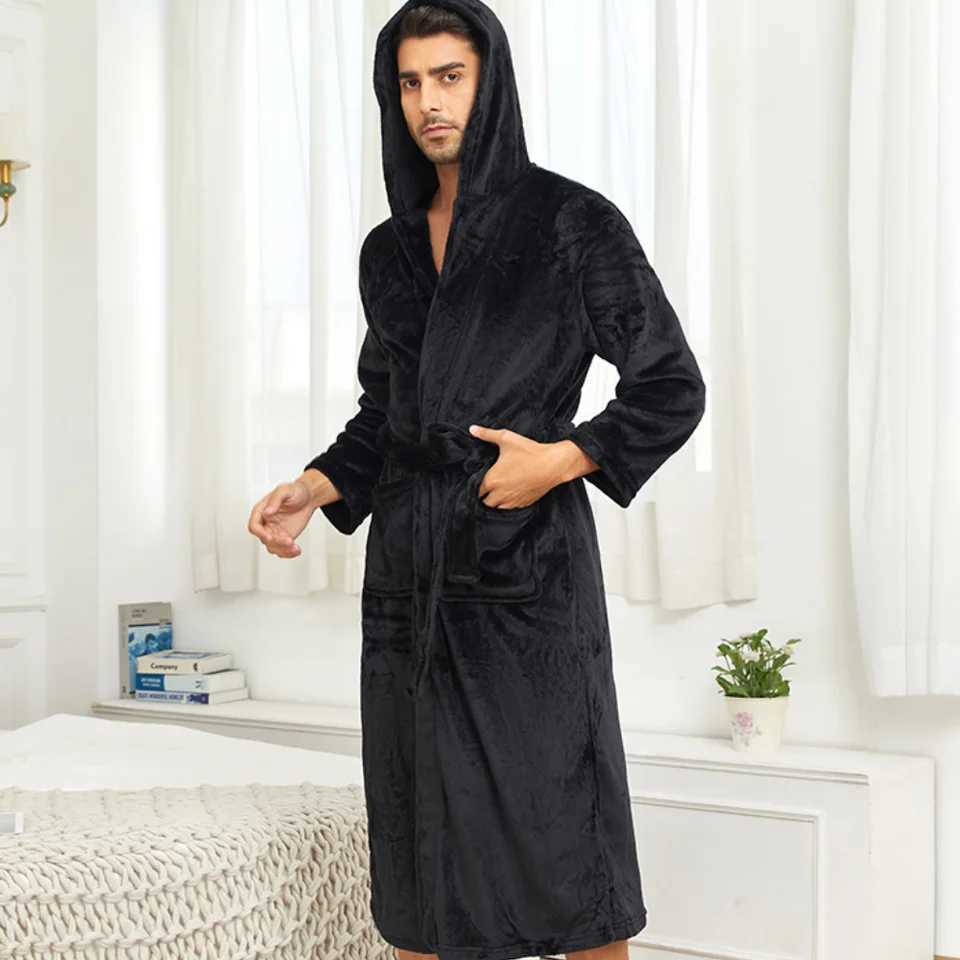 Autumn Winter Warm Shower Bathrobe Gown Solid Color Hooded Kimono Shower Robe for Men Soft Home Clothes with Pocket Nightgown C251202