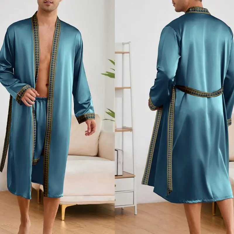 Male Ice Silk Pajamas 2Pcs Robe Suit Man Sleepwear Summer Spring Kimono Loungewear Peignoir Homme Nightwear Bathrobe Gown C251202