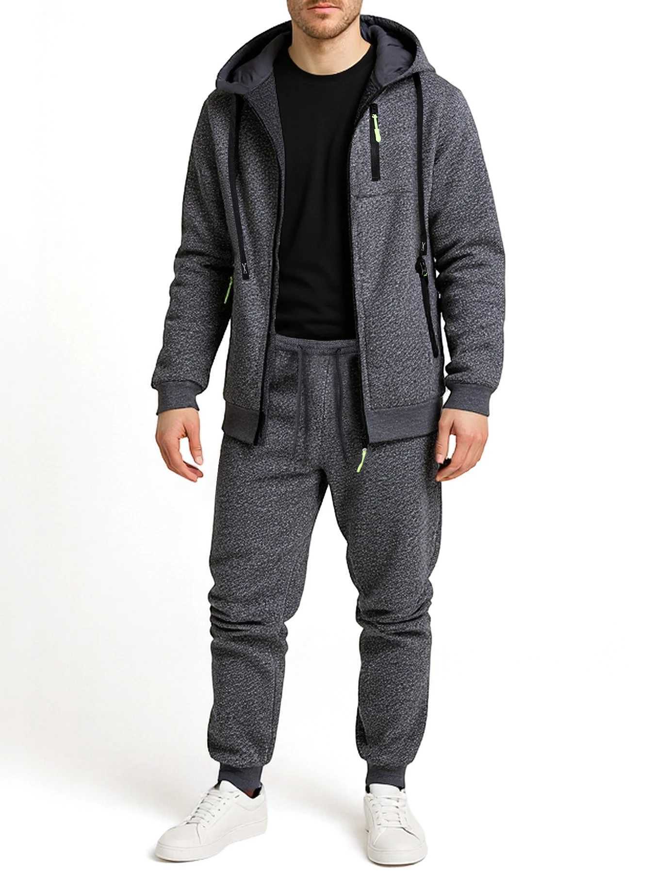 New Autumn Two-piece Mens Sportswear Solid Color Daily Hooded Sweatshirt Sweatpants Jogging Suit Zipper Jacket and Pants Set W251202