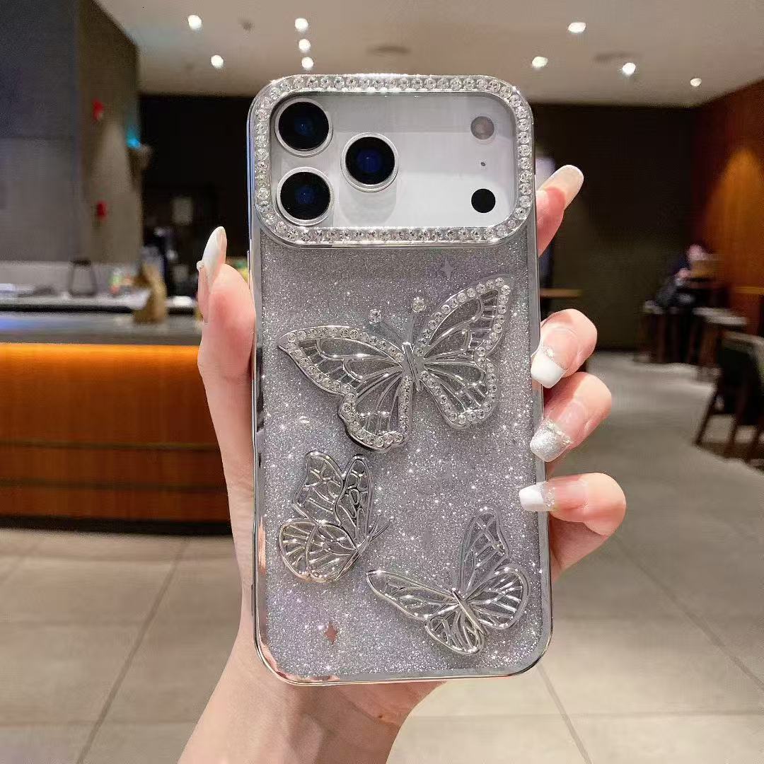 3D Butterfly Rhinestone Phone Case iPhone 17 Pro Max Compatible with Apple 16 Electroplated Gradient Glitter Paper Case
