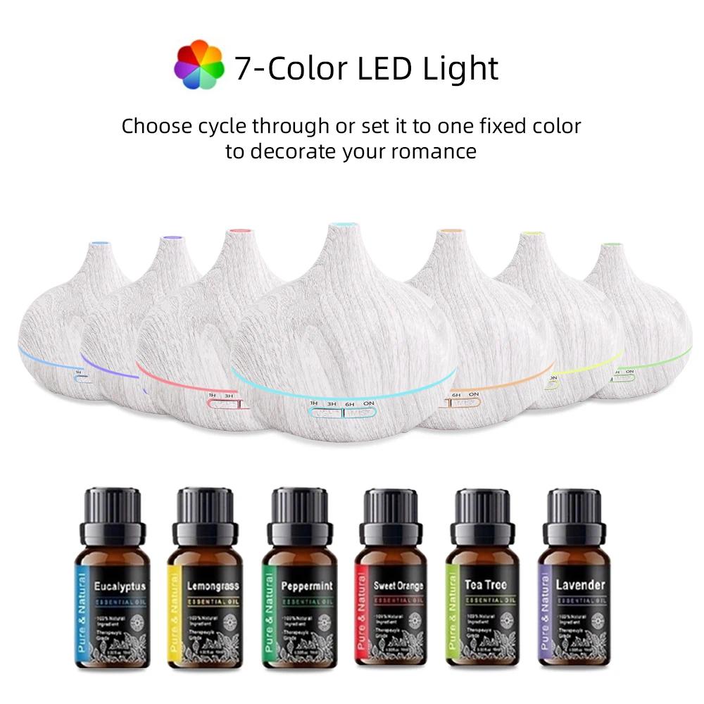 550ml Wood Grain Essential Oil Diffuser Ultrasonic Humidifier with Remote 6 Oil Bottles