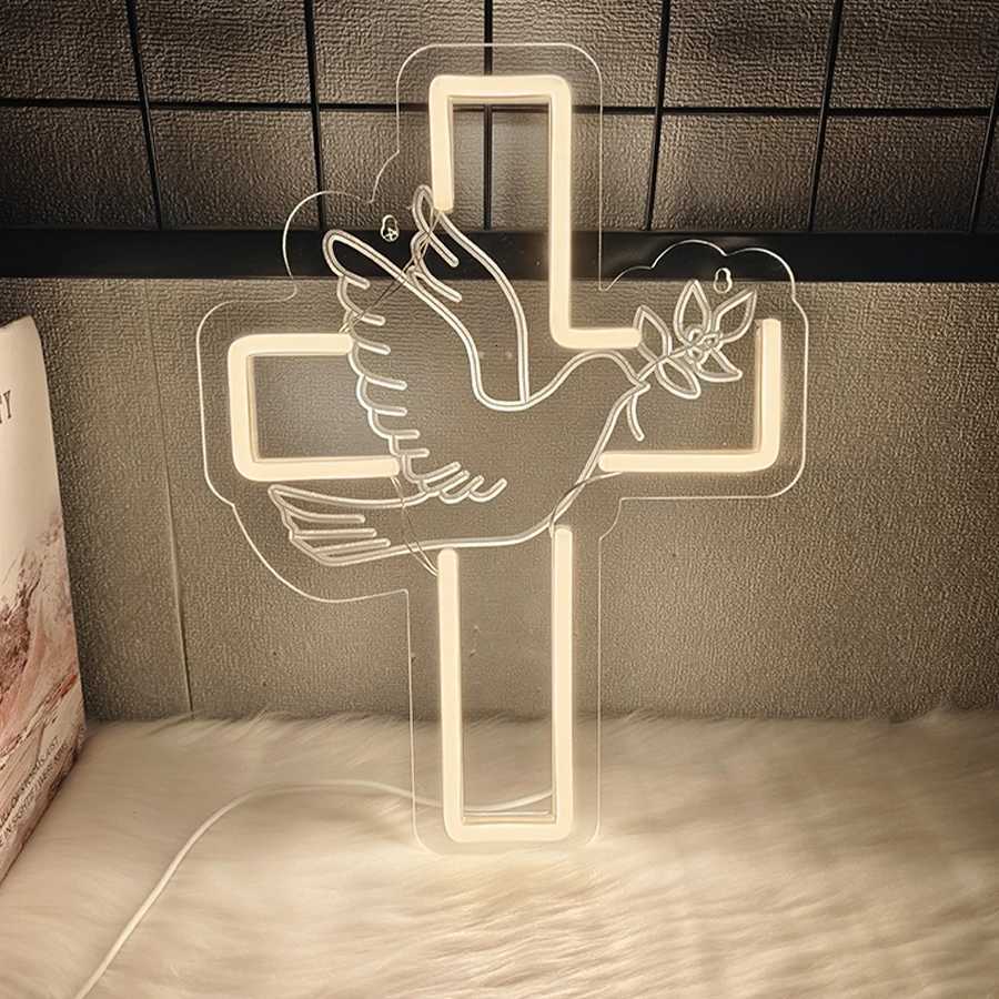 Cross Led Neon Sign Warm White Dove Icon Usb Powered For Jesus Church WeddingHome Easter Activities Decor Easy To Hang H251201