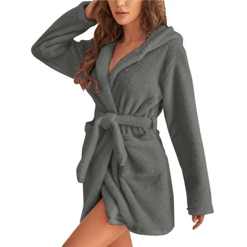 LNHF Womens Plush Mid-Length Belt Soft Bathrobe With Pockets Autumn And Winter Hooded Home Plush Pajamas C251202