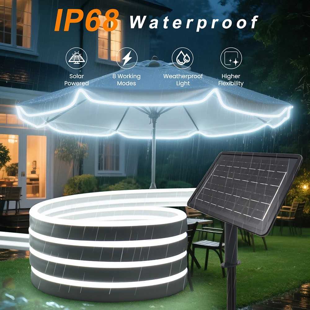 24V Solar Neon Light Strip Waterproof 8 Modes 120LEDs/m Flexible Lamp IP68 High Density Party Garden Outdoor Lighting Warm White H251201