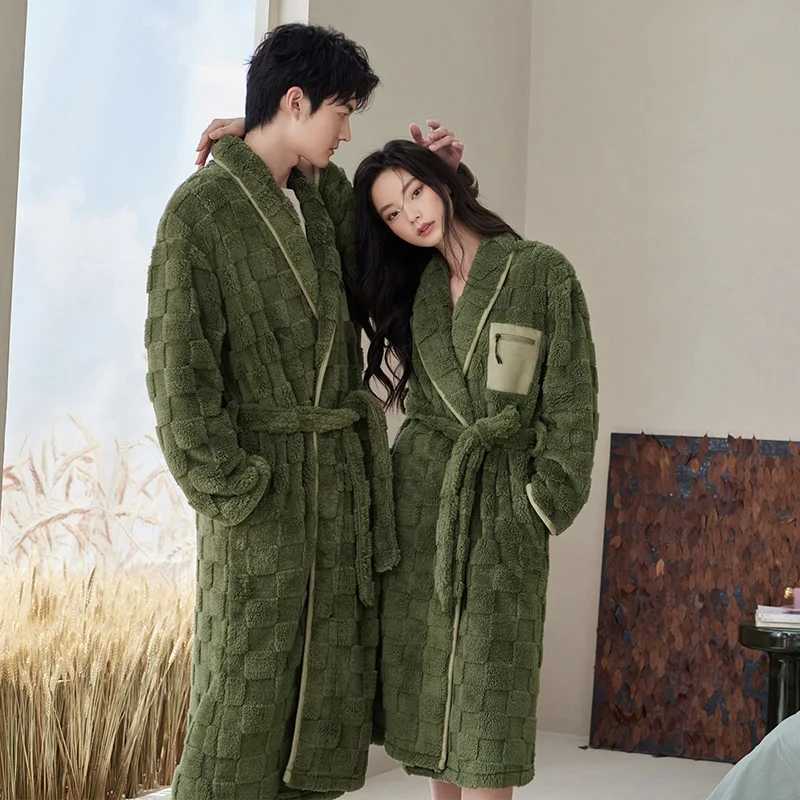 Winter Flannel Couple Long Sleepwear Robes Thick Terry Robe Female Long Sleeve Kimono Warm Bathrobe Home Wear Peignoir Men Robe C251202