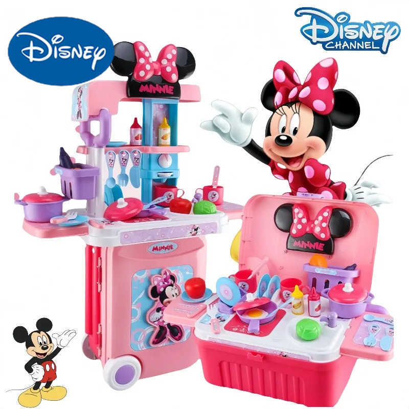 Disney Kids Play Home Kitchen Toys Minnie Mouse Trolley Box Cooking Rice Simulation Kitchenware Tableware Girl Birthday Gift H251202