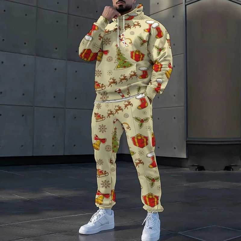 Vintage Christmas Pattern Printed Mens Outfits Long Sleeve Hoodie And Pants Tracksuits For Men Fashionable Loose Two Piece Sets W251202