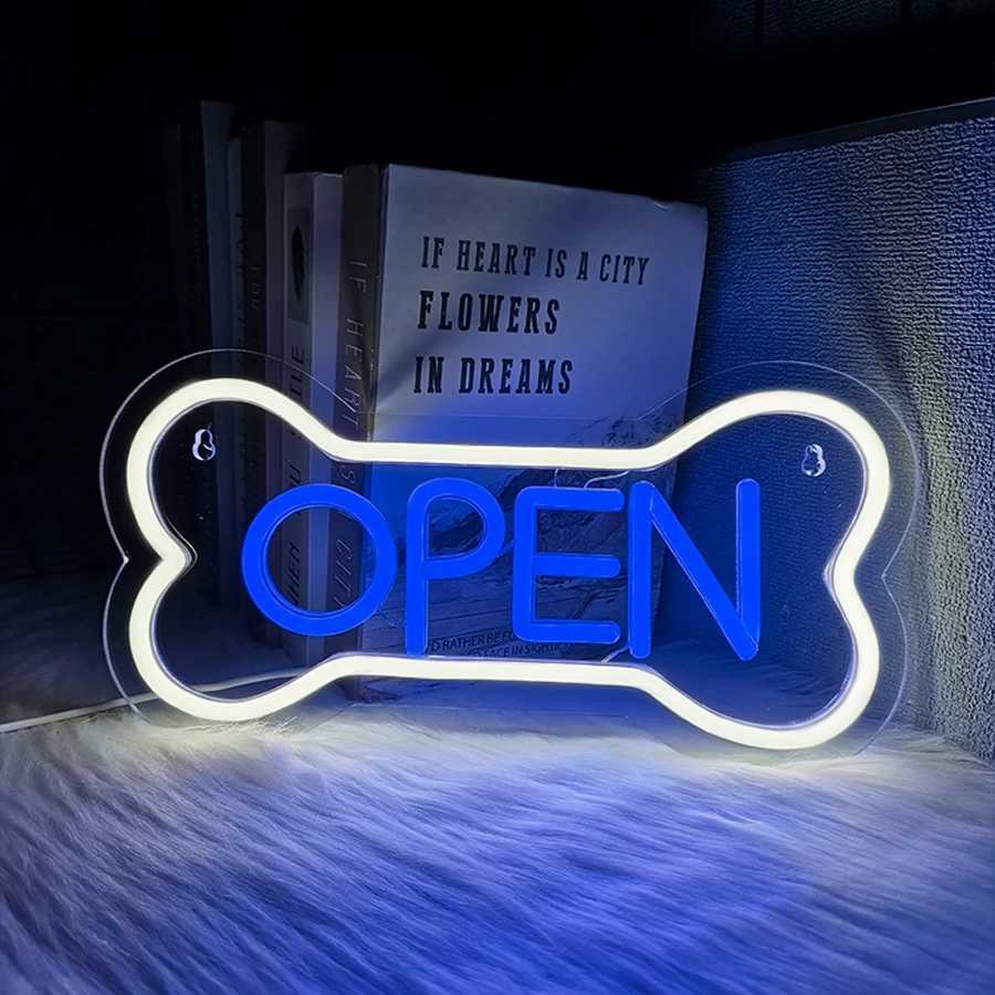 Open Neon Sign Bone Icon Blue Letter Light Usb Powered Very Suitable For Shops Pet Shops Bars Game Rooms Business Signs H251201