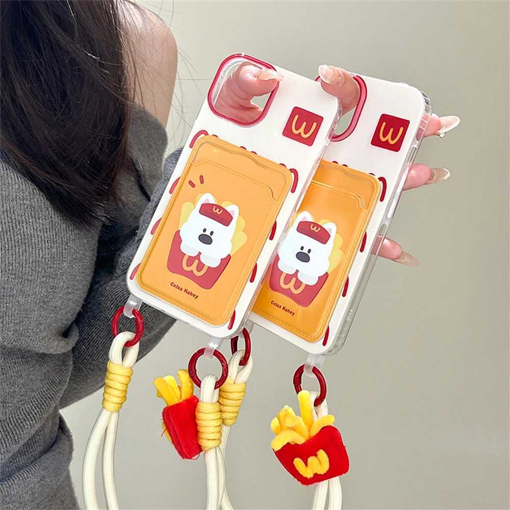 Cute 3D French Fries Dog Wallet With Chain Phone Case For iPhone 15 14 13 11 12 Pro Max Plus X XR Plush Doll Card Lanyard Cover J251202