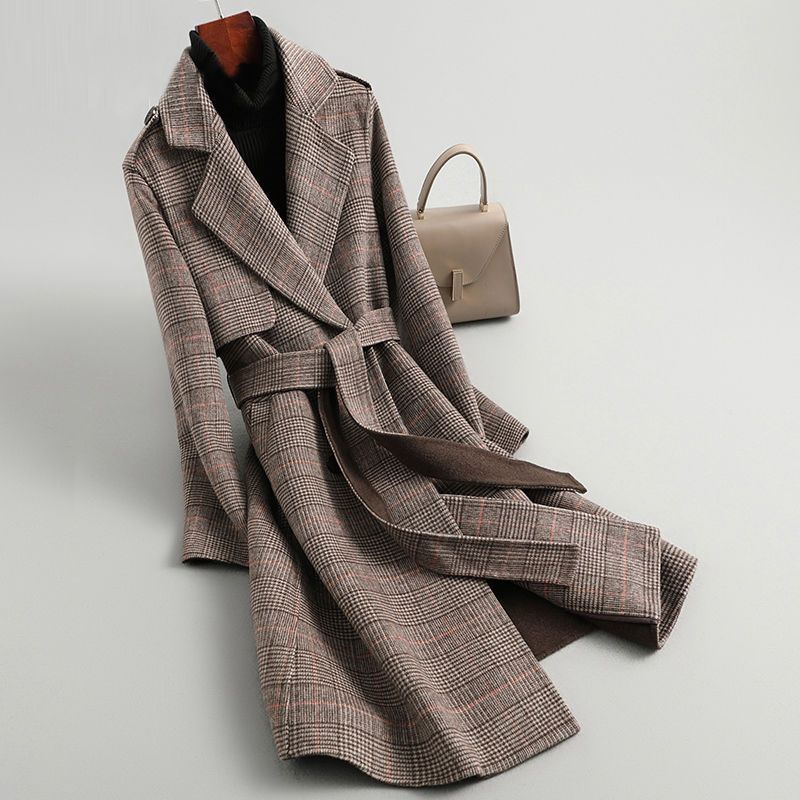 Autumn Winter Arrival Women Warm Wool Coat Fashion Plaid Belted Blends Outwear Female Korean Slim Office Long Coat 201103