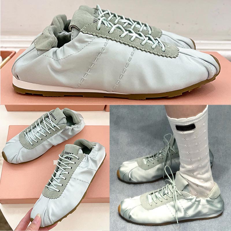 Womens Plume Satin Sneakers Fashion New Women Designer Shoes Powder Blue Satin Upper Elastic Back Lace up speeding Fabric lining Outdoor Lady Low top Casual Shoes