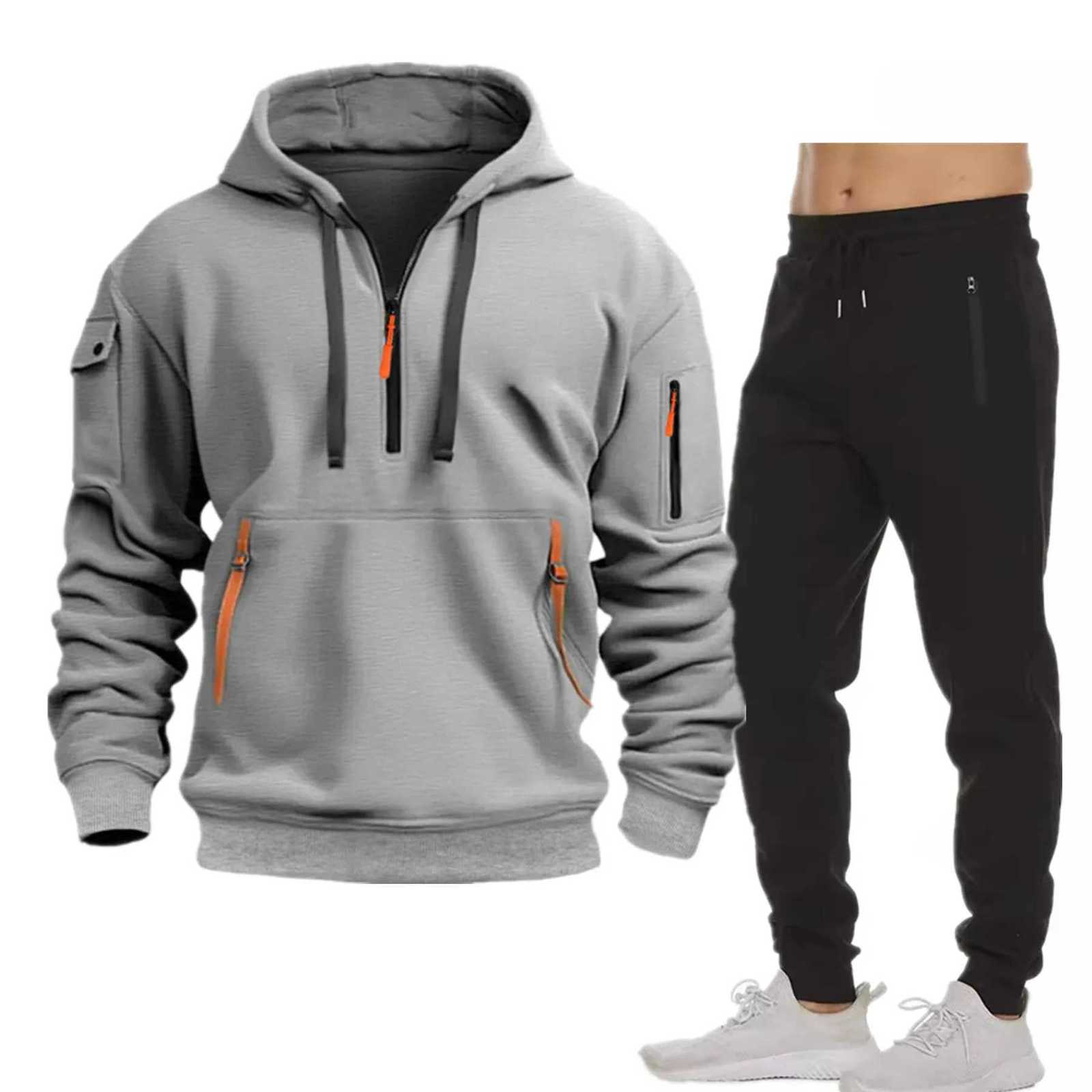 New Multi-pocket Men Autumn Winter Set Half zip Hoodie Pants Pieces Suit Casual Mens Sportswear Warm Clothing Suit W251202
