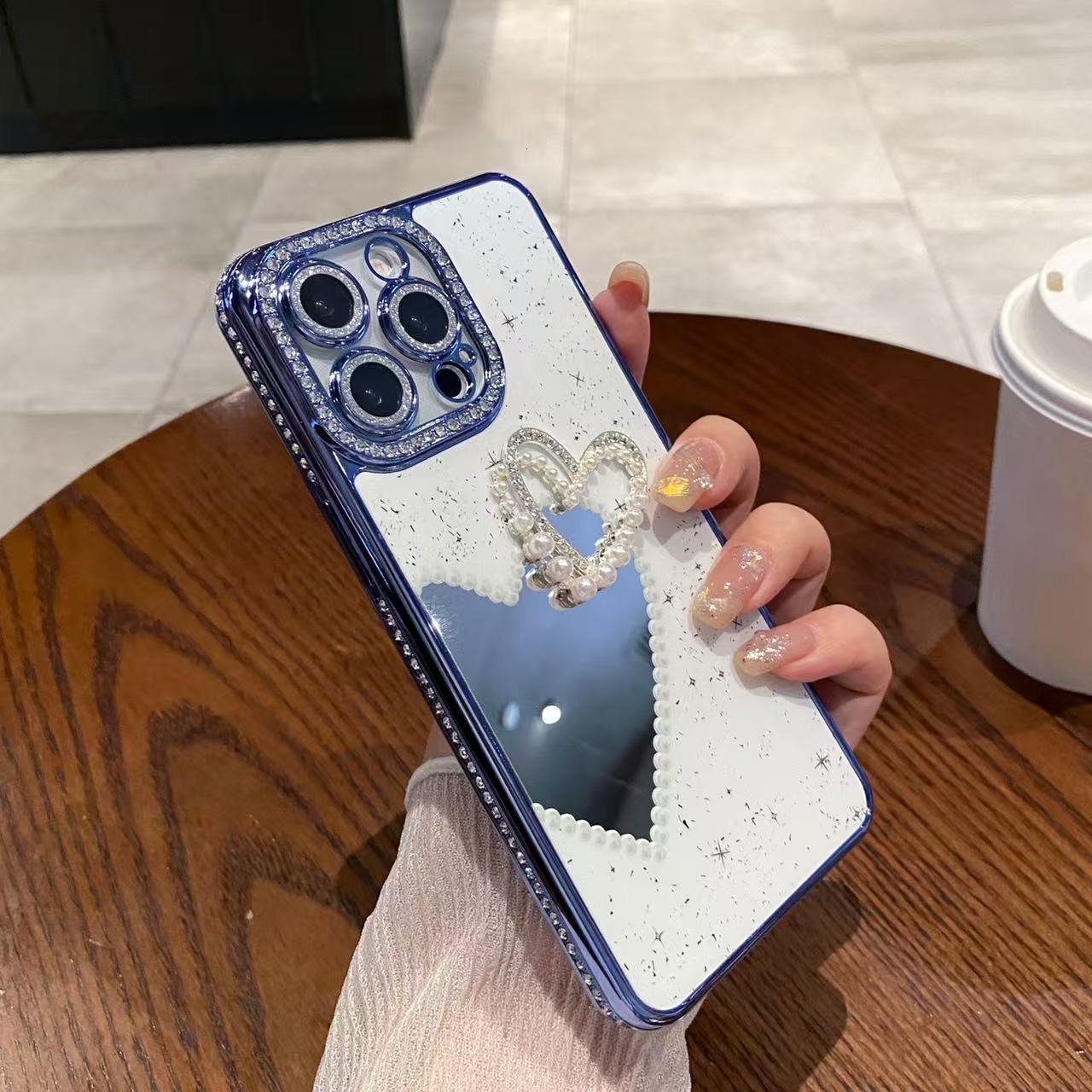 Pearl Heart Makeup Mirror Phone Case iPhone 16 Pro Max Compatible With Apple 15/14/13 Pro Electroplated Sparkling Diamond Case