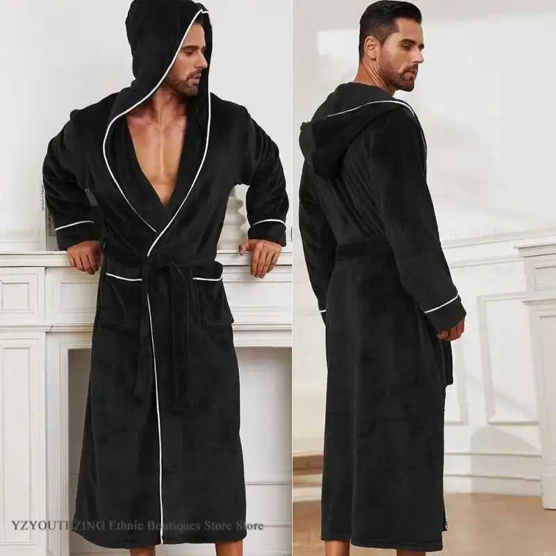 Autumn Winter New Mens Sleepwear Thicken Flannel Hooded Long Robe Bathrobe Kimno Gown Home Clothes Warm Coral Fleece Loungewear C251202