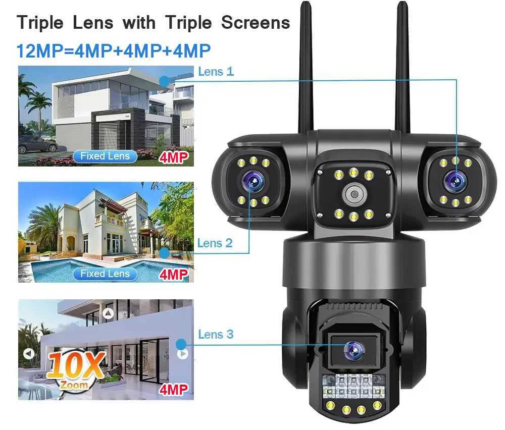 V380 Pro WiFi IP Camera Outdoor 12MP 6K Triple Lenses Triple Sns Security Video Monitor Night Vision Waterproof CCTV Cameras C251202