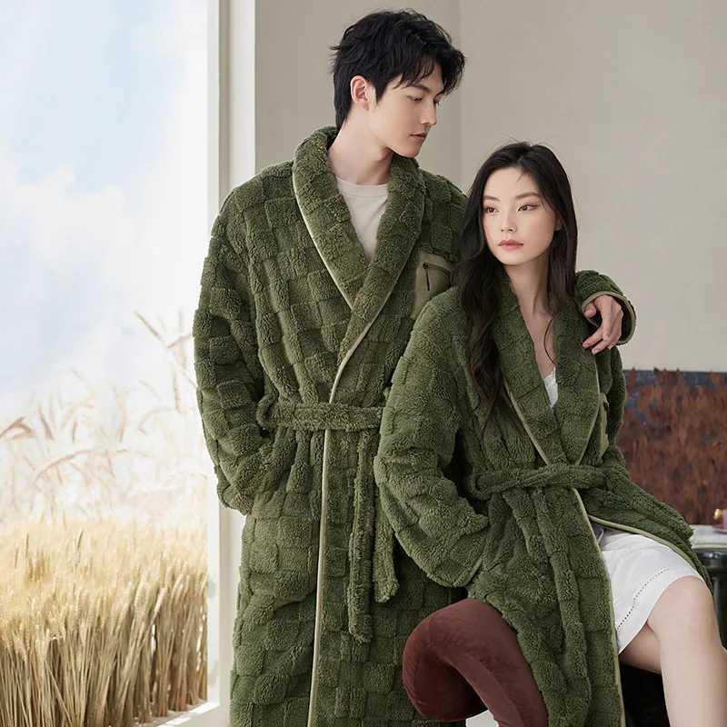 Winter Flannel Couple Long Sleepwear Robes Thick Terry Robe Female Long Sleeve Kimono Warm Bathrobe Home Wear Peignoir Men Robe C251202