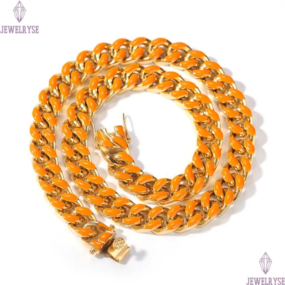 20inch stainless steel Miami cuban link chain gold necklace mens silver chain for man colorful enamel White Green Orange Blue Chains Necklaces Woman H