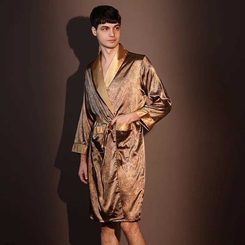 High Quality Nightrobes Men Summer Thin Bathrobe Large Size Ice Silk Printed Pajamas One-piece Robe Male Loungewear Gents Spring C251202