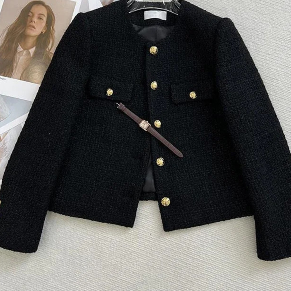 Black Tweed Womens Jacket Retro Metal Buckle Short Coat Womens Elegant Single Chest 241125