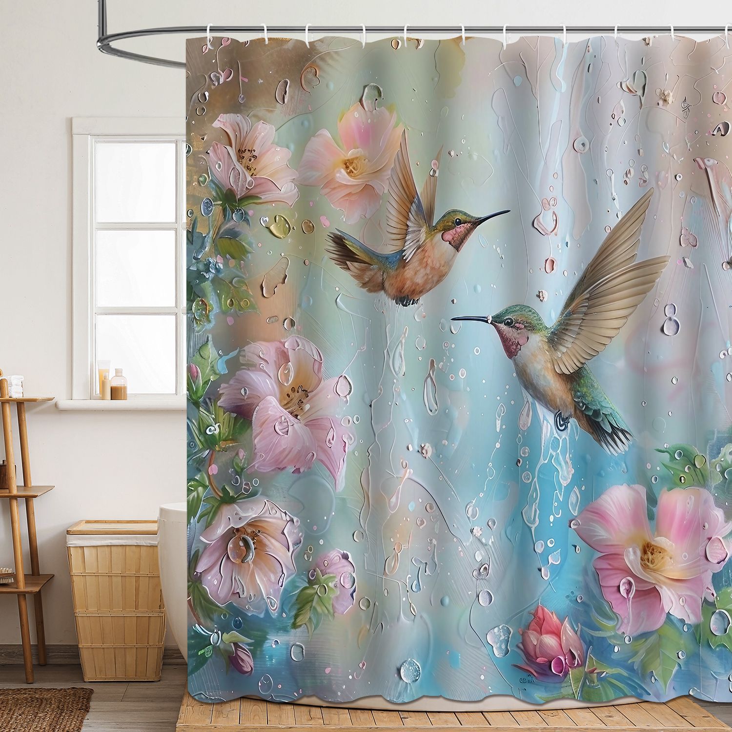 YL-37864 High-definition digital printed floral and bird shower curtain, waterproof, moisture-proof, no-drill bathroom partition curtain