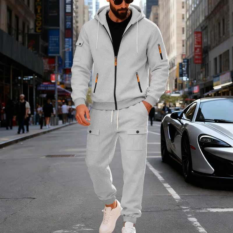 Mens Heavy-Duty Winter Double-Layered Set Including A Hooded Sweater And Drawstring Pants With A Warm And Insulated Design W251202