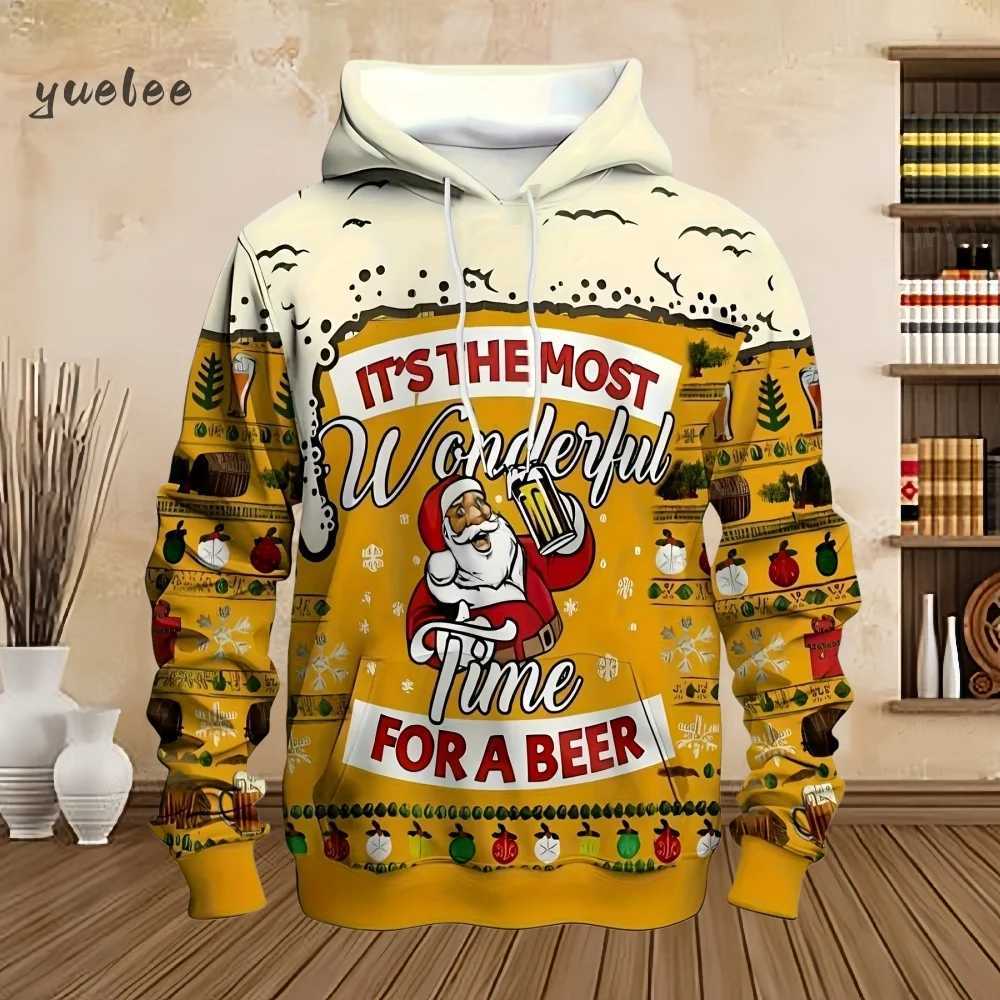 Mens Christmas Beer Hooded Sweater Christmas Party Long Sleeve with Drawstring Hoodies Comfortable Oversize Sweatshirt for Men J251203