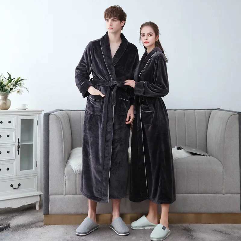 New Arrival Thickened Coral Fleece Bathrobe - Autumn Winter Flannel Long Sleepwear Men Female Couple Warm Nightgown Loungewear C251202