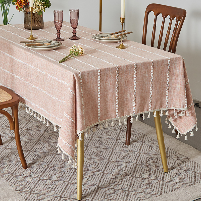 Coffee-colored tassel tablecloth, American country style, cotton and linen rectangular tablecloth, coffee table mat X55A01