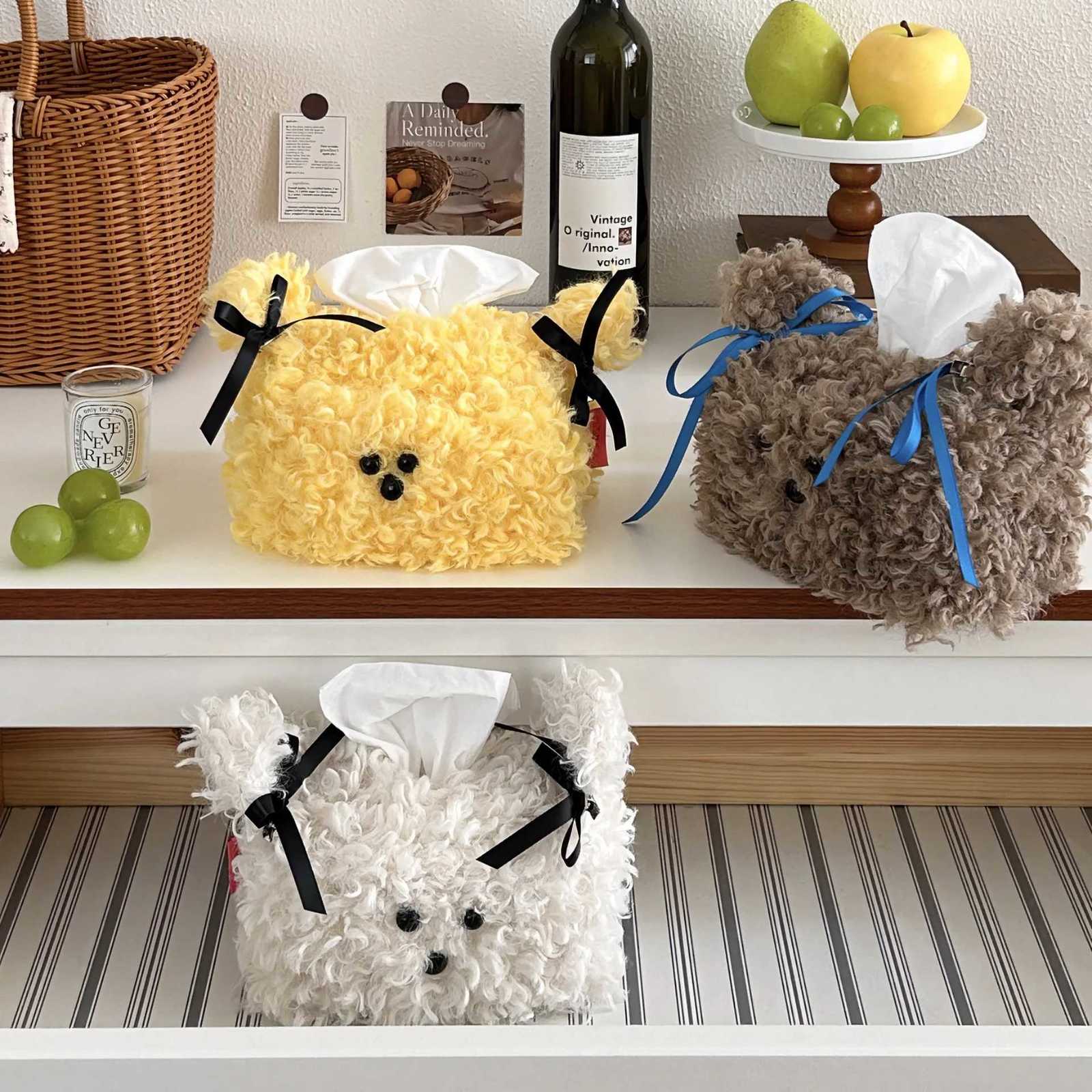 Nordic Style Plush Cartoon Dog Shape Napkin Boxes Solid Color Issue Bag Thread Napkin Holder Tissue Bag Storage Napkins H251201