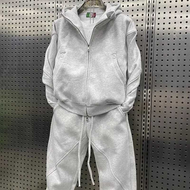 A simple American hooded sweatshirt cardigan casual pants set for men trendy and fashionable style two loose jackets W251202