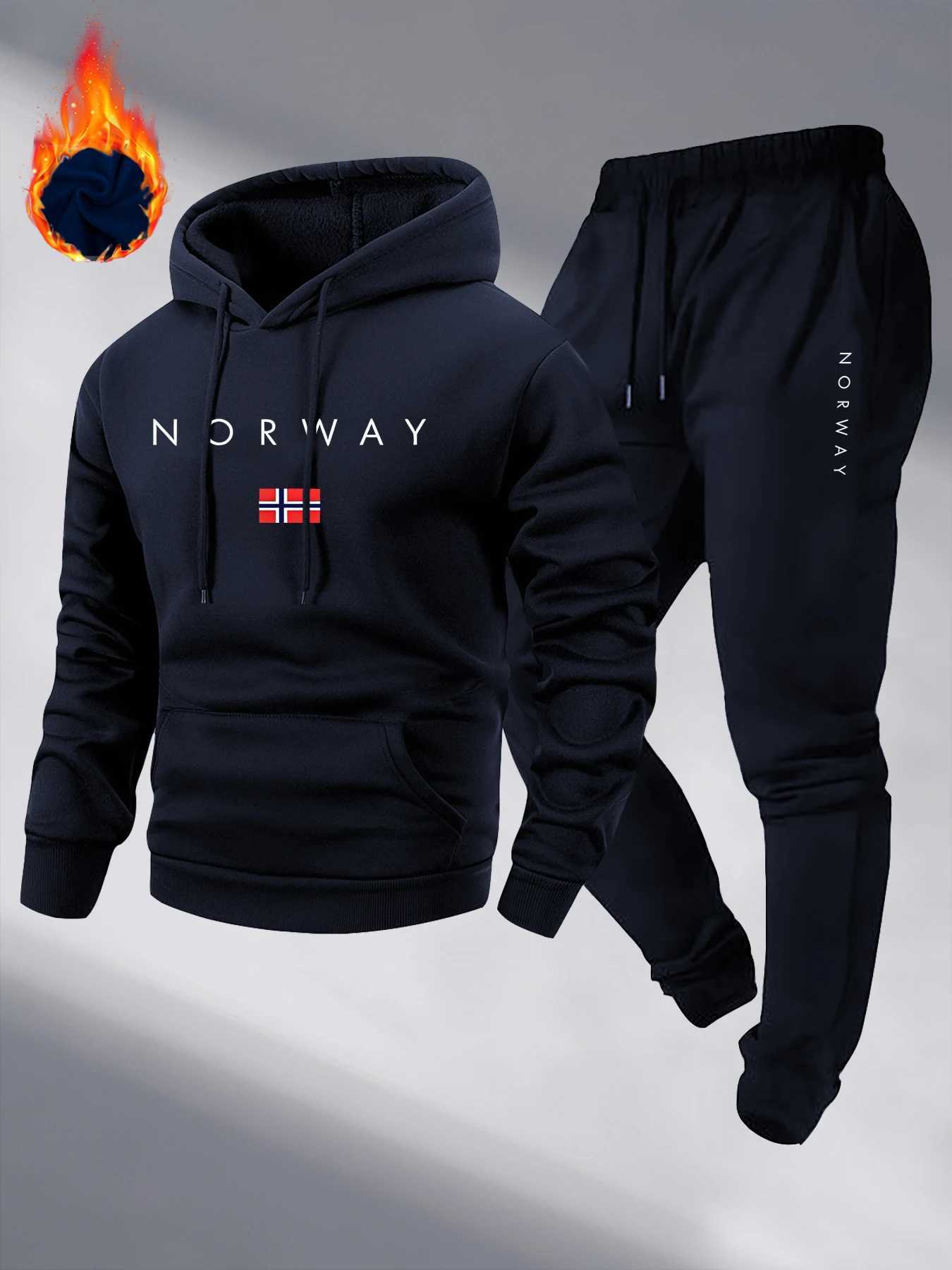 NORWAY Letter Print Sweatshirt Suit Mens Fleece Hoodie Pants Set Spring Autumn Casual Sports Pullover Trousers Sets 2025 New W251202