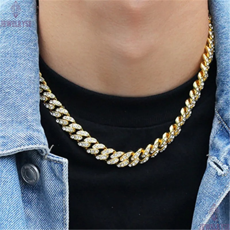 12mm hip hop jewelry cuban link chain mens gold necklace designer chain for man Diamond Iced Out Alloy Chains Austrian Rhinestone Long Silver Necklace