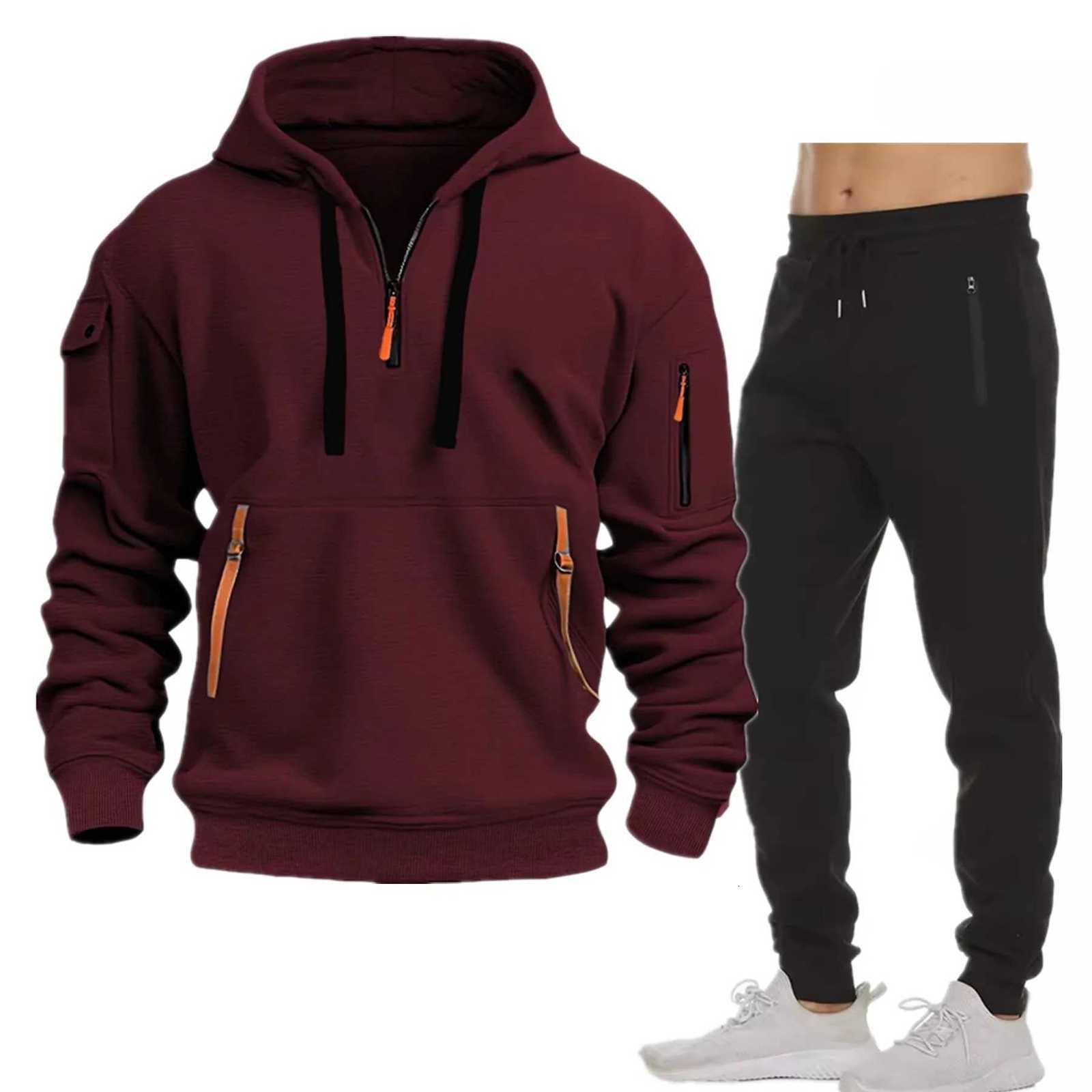 New Multi-pocket Men Autumn Winter Set Half zip Hoodie Pants Pieces Suit Casual Mens Sportswear Warm Clothing Suit W251202