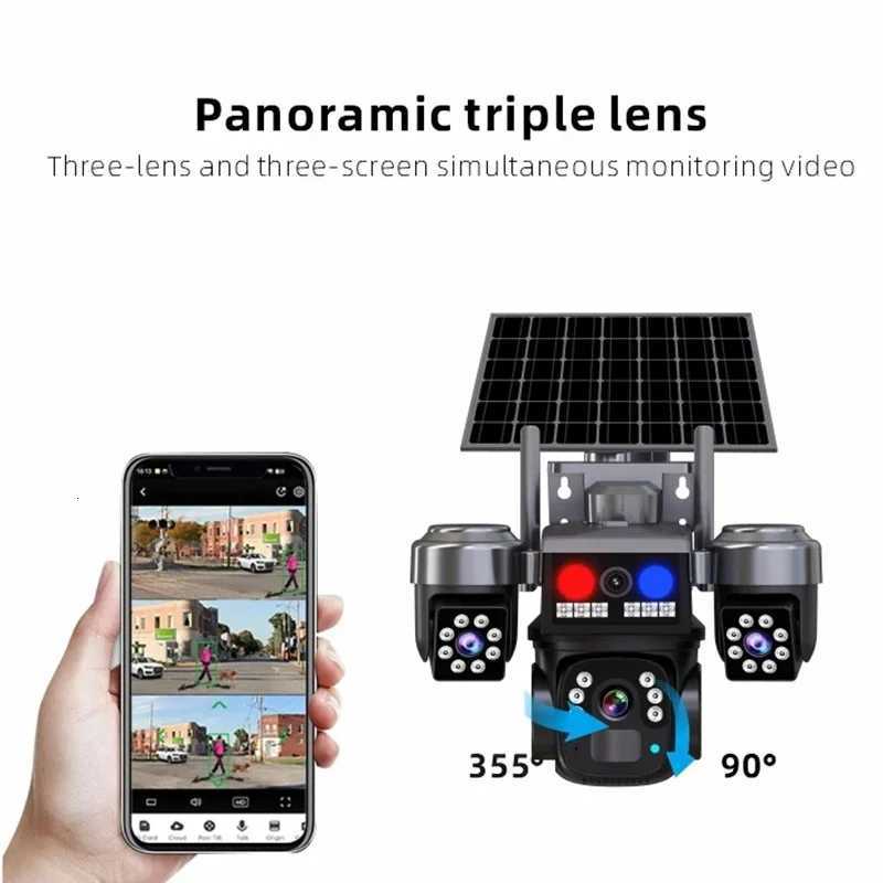 V380 WiFi Solar Camera Security Three Lens PTZ Wireless Surveillance Camera Intelligent Outdoor Solar Cameras PIR Detection C251202