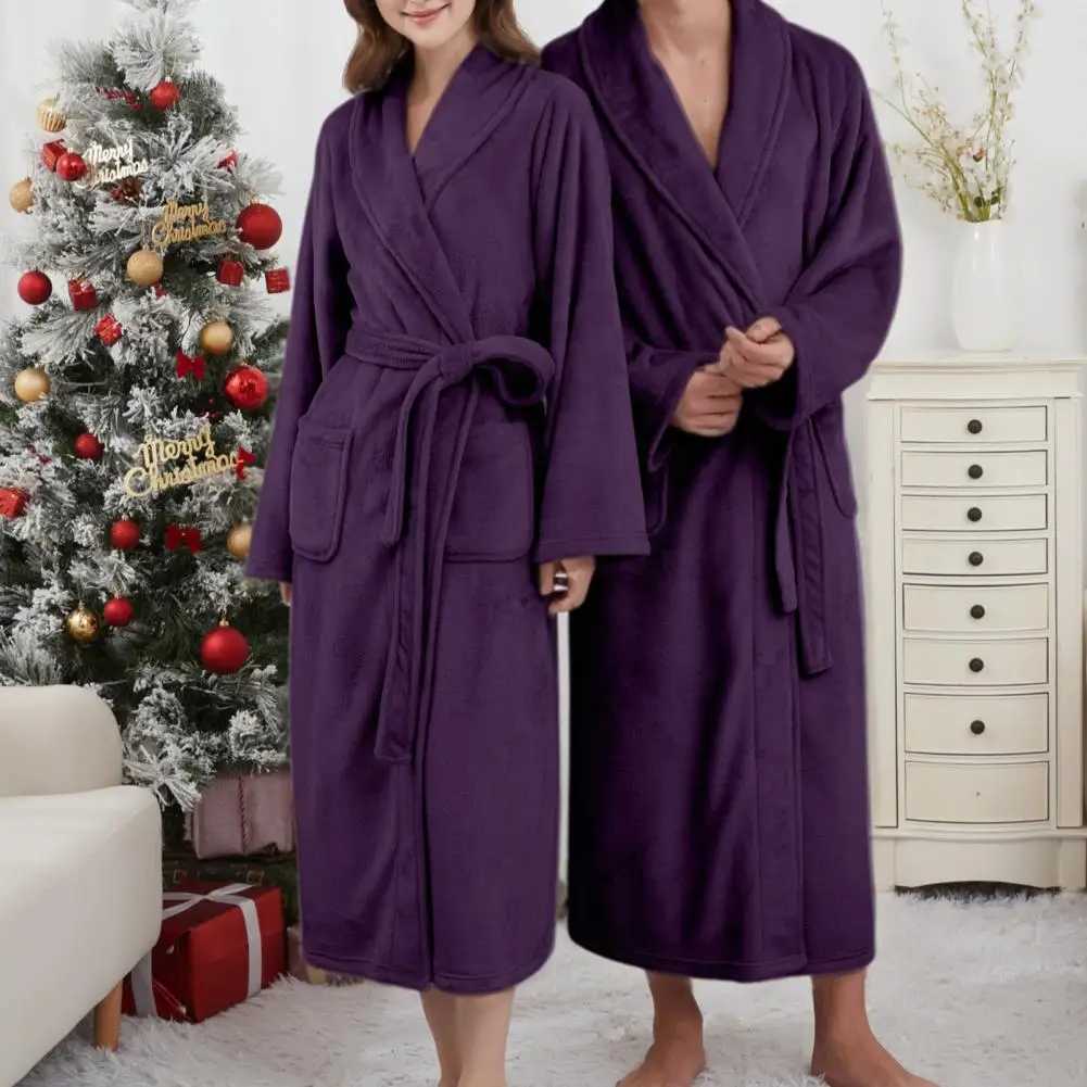Flannel Bathrobe Waist Tie Nightgown Lapel Long Sleeve Flannel Long Bathrobe Couple Loungewear Bath Robe Nightwear C251202