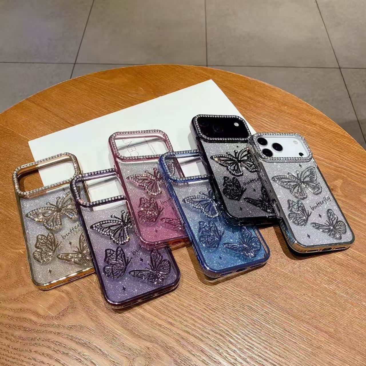 3D Butterfly Rhinestone Phone Case iPhone 17 Pro Max Compatible with Apple 16 Electroplated Gradient Glitter Paper Case